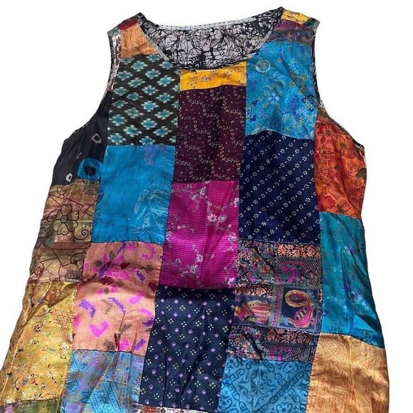 Silk Patchwork Maxi Reversible‎ Dress Womens Sz. Medium Gypsy  Boho Colorful - Picture 5 of 13